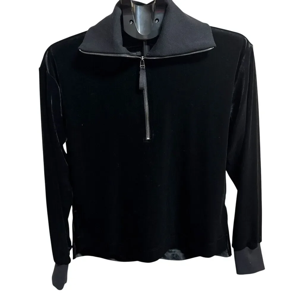 Spanx 1/2 Zip Pullover Top Womens S Black Velvet Velour Long Sleeve Athleisure